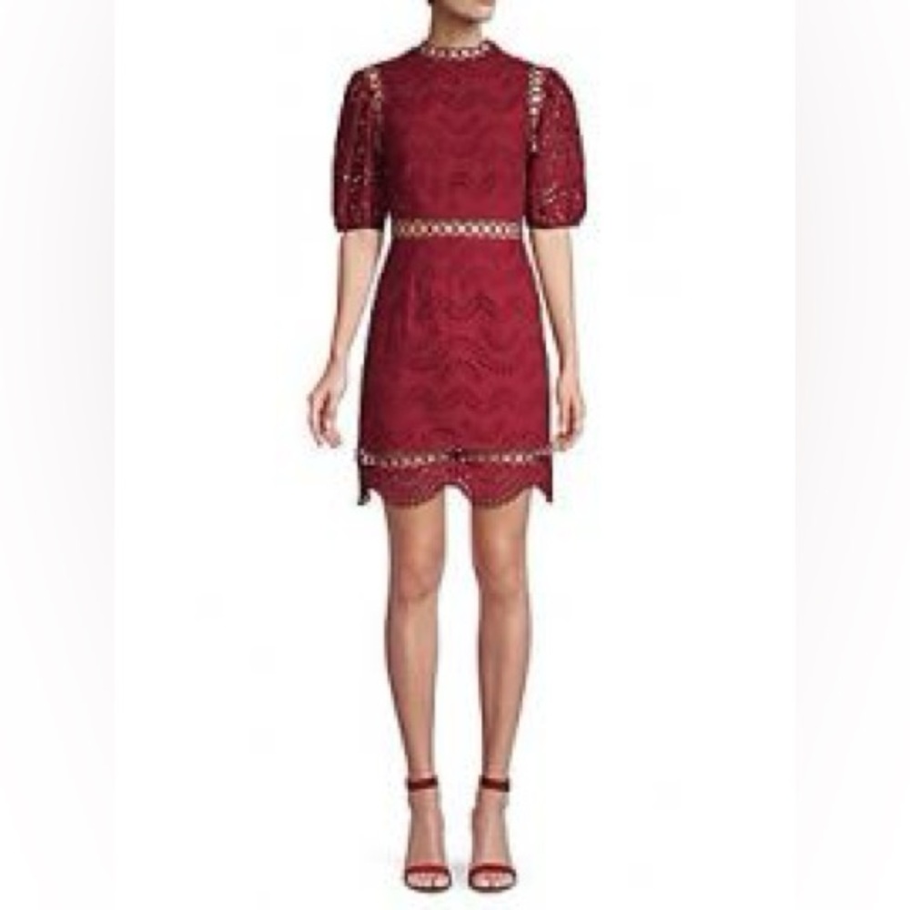 NWT Avantlook Eyelet Lace Puff Sleeve Open Back Burgundy Red Dress L